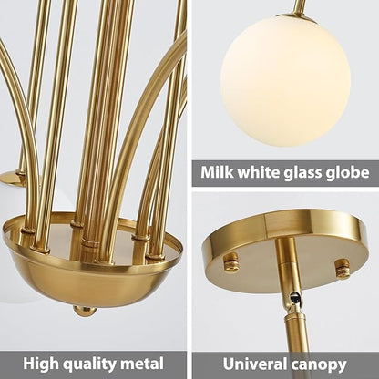 Modern Gold Sputnik Chandelier 6-Light Mid Century Chandelier for Dining Room with Milky Glass Globe Brushed Brass Ceiling Pendent Light Fixture for Living Room Kitchen Island Foyer Bedroom