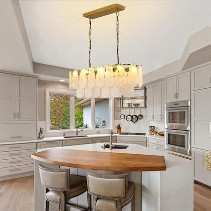 KELUOLY Gold Rectangle Chandeliers for Dining Room Modern Island Light Crystal Cloud Glass 8-Light Chandelier 2 Tier Rectangular Linear Pendant Hanging Ceiling Light Fixture for Kitchen L31.5” (E12)