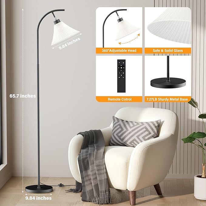 SIBRILLE Glass Floor Lamp, Dimmable Black Standing Lamp with Remote Control & 3 Color Temperatures, Modern Arc Floor Lamps for Living Room Bedroom Office Corner, 9W LED Bulb Included