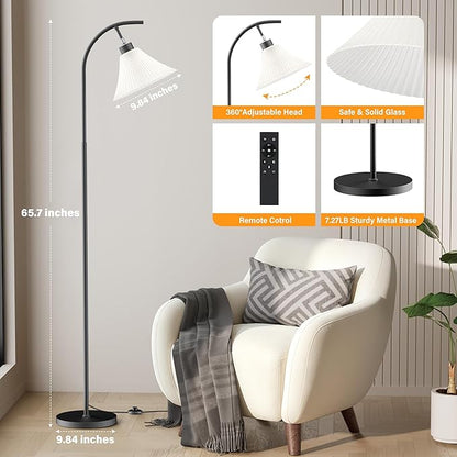 SIBRILLE Glass Floor Lamp, Dimmable Black Standing Lamp with Remote Control & 3 Color Temperatures, Modern Arc Floor Lamps for Living Room Bedroom Office Corner, 9W LED Bulb Included