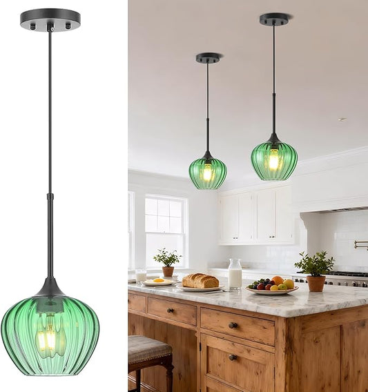 Green Glass Pendant Light, 7 Inch Vintage Pendant Lighting Small Green Hanging Lights for Kitchen Island Dining Room Restaurant Sink Foyer Entryway