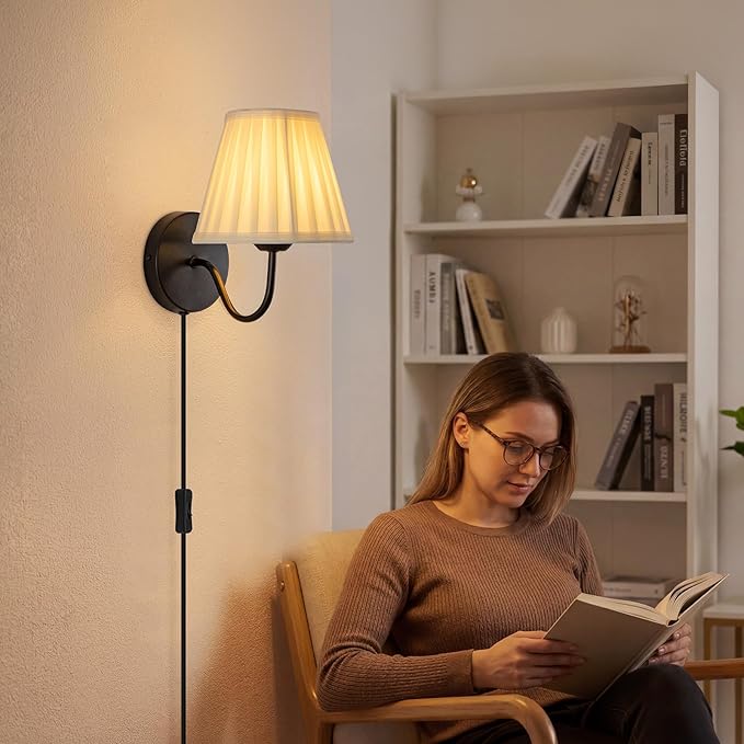 Plug in Wall Sconces with White Fabric Shades, Black Wall Sconces Set of Two, Modern Wall Lighting Fixture with On/Off Switch, Indoor Corded Wall Lamp for Bedroom, Living Room, Hallway, Bedside