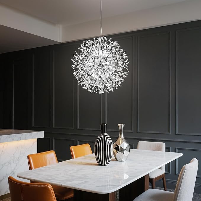 Modern Firework Chrome Crystal Chandeliers, Sputnik Dandelion Chandelier Light Fixture Pendant Lighting for Dining Room, Living Room, Bedroom, Kitchen, Restaurant- 12 Lights