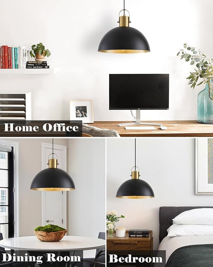 Black and Gold Pendant Light 2 Pack, 11.8 Inch Pendant Lights Kitchen Island, Dome Pendant Lights, Farmhouse Pendant Light for Kitchen Island, Dining Room, Living Room