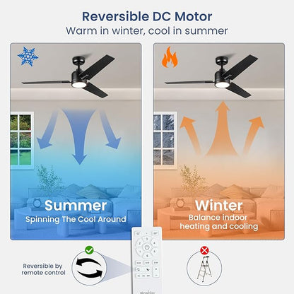 48 Inch Ceiling Fans with Lights Remote for Bedroom Living Room Kitchen Office, Indoor or Covered Outdoor, 3CCT Dimmable, Noiseless, 3 Blades, 6 Speed Reversible Quiet DC Motor, Black/Wood Grain