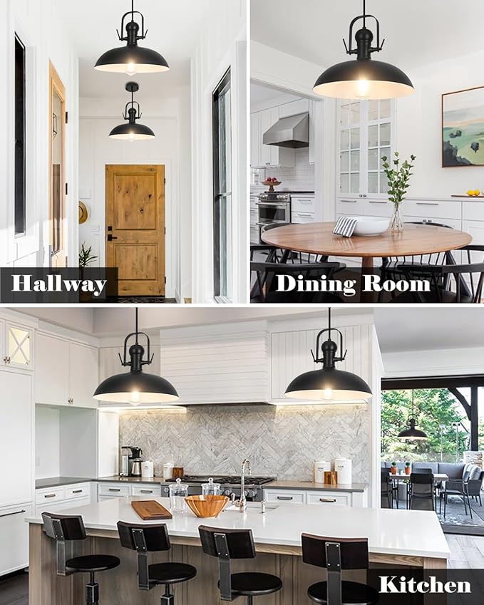 Black Pendant Lights 3 Pack, Dome Pendant Light Kitchen Island 13.8 Inch, Black Farmhouse Pendant Light, Industrial Pendant Lights for Kitchen Barn Hallway Porch Dining Room