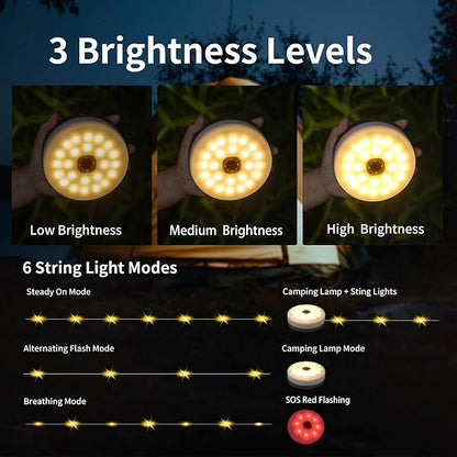 Solar Camping String Lights, 33FT 100LED Quick Storage Rechargeable Tent Lights with 9 Lighting Modes, Portable Camping Fairy Lights Waterproof for Outdoor Patio Garden Party Decorations