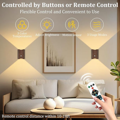 Rechargeable Motion Sensor Wall Light - 3 Colors Battery Powered Wireless Wall Sconces Set of Two with Remote, Magnetic Motion Sensor Stair Lights Indoor Night Light for Bedroom Hallway Closet, Walnut