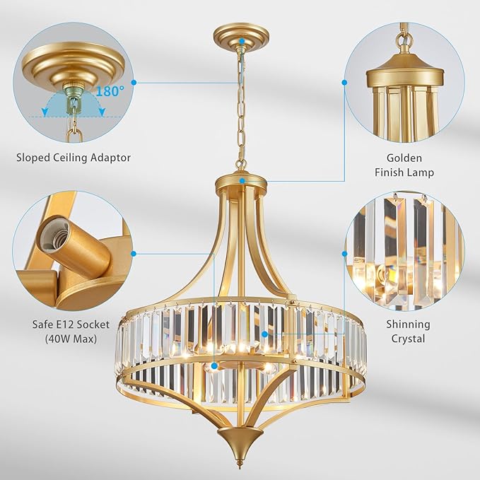 XINGQI Modern 6-Light Gold Crystal Chandelier 21.6" Farmhouse Large Round Pendant Lightting Fixture for Dining Room Living Room Kitchen Island Bedroom