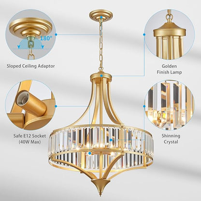 XINGQI Modern 6-Light Gold Crystal Chandelier 21.6" Farmhouse Large Round Pendant Lightting Fixture for Dining Room Living Room Kitchen Island Bedroom
