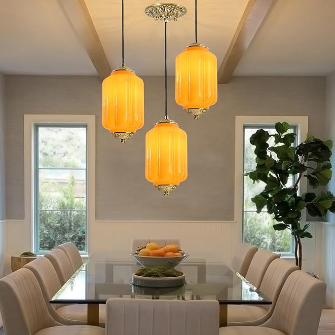 Milk Glass Pendant Light, 5.5 Inch Yellow Adjustable Cord Hanging Lamp, Dimmable E26 Base Vintage Pendant Light Fixture for Bedroom Bathroom Entryway