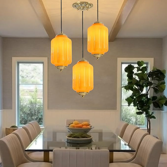 Milk Glass Pendant Light, 5.5 Inch Yellow Adjustable Cord Hanging Lamp, Dimmable E26 Base Vintage Pendant Light Fixture for Bedroom Bathroom Entryway