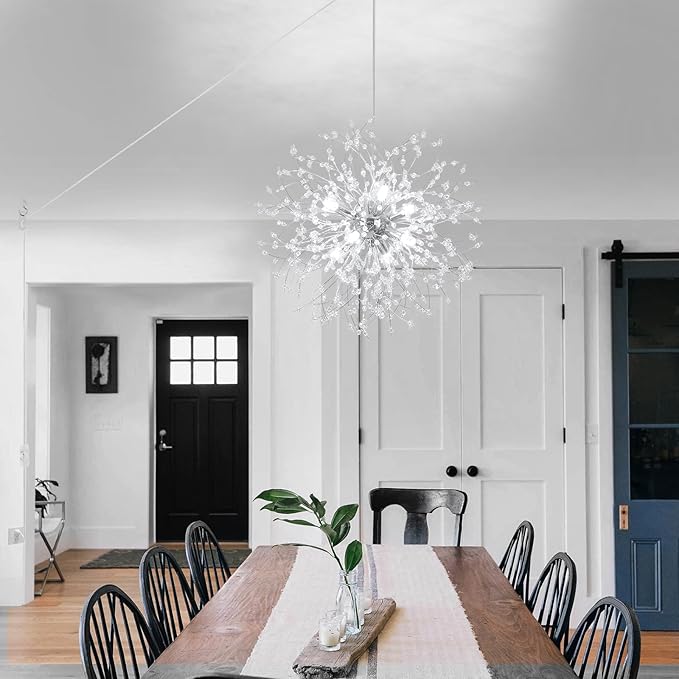 Plug in Crystal Chandelier, Modern Plug in Pendant Light Hanging Light Fixture 2-in-1 Chrome Pendant Light Dandelion Chandeliers for Dining Room Bedroom Kitchen Foyer Entryway Living Room