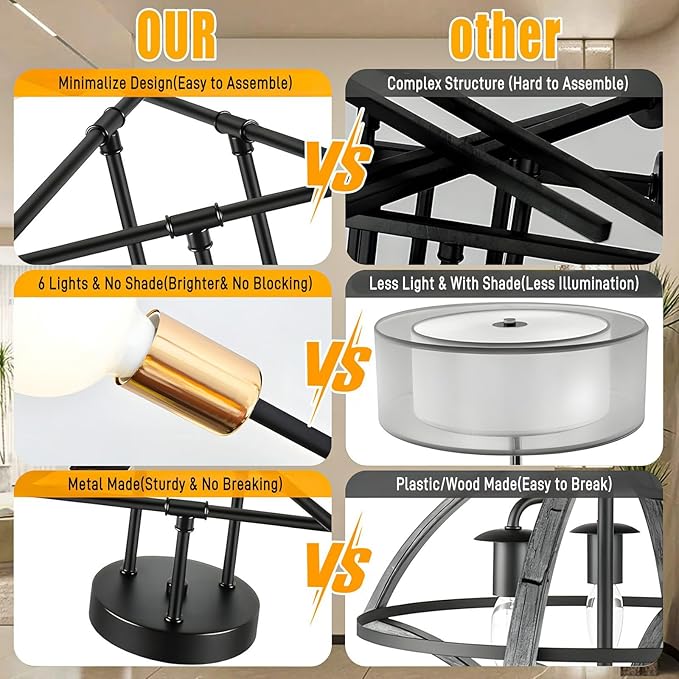 SPOLI Sputnik Ceiling Light Fixture, Dining Room Chandelier, Modern 6-Light Black and Gold Industrial Pendant Semi Flush Mount for Kitchen Living Bedroom, E26 Base, Bulbs Not Included