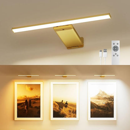 Picture Light for Wall with Remote, Picture Lights Battery Operated Rechargeable 12000mAh, 3 Colors & 3 Timers, Brightness Dimmable for Gallery Poster Frame Painting Photo Art Display (Gold, 1 Pack)