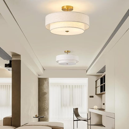 17.7" Semi Flush Mount Ceiling Light Fixtures, Gold Close to Ceiling Light Fixtures with 2-Tier Drum Fabric Lamp Shade, Modern Ceiling Light Fixtures Flush Mount for Bedroom Hallway Nursery