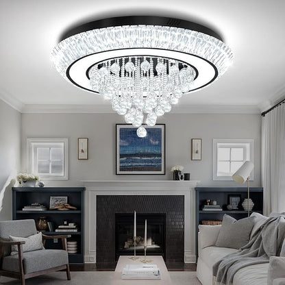 32in Black Crystal Raindrop Chandelier Crystal Flush Mount Ceiling Light Modern Led Luxury Chandelier,Raindrop Chandeliers for Dining Room, Living Room
