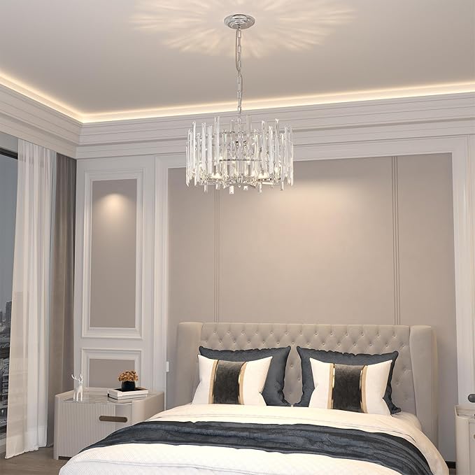 Chrome Crystal Chandeliers for Dining Room, 20" Modern Raindrop Round Pendant Ceiling Lights Fixture Living Room Entryway Bedroom 8 Light