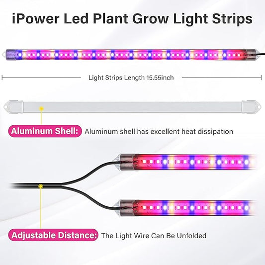iPower 20W LED Plant Grow Light Strips Full Spectrum for Indoor Plants with Auto ON/Off 3/9/12H Timer, 10 Dimmable Levels 48 LEDs Per Tude, for Hydroponics Succulent, 2 Tubes*2, Mix