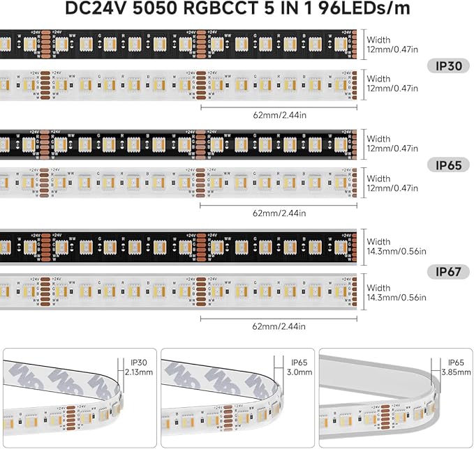 BTF-LIGHTING RGBCCT 5 Colors in 1 LED 5050SMD RGBWW RGB+Dimmable Tunable Color Temperature 2700K-6500K UL Listed 16.4ft 96LEDs/m 480LEDs DC24V Multi-Colored Tape Lights IP65(No Adapter or Controller)