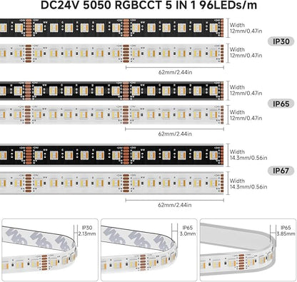 BTF-LIGHTING RGBCCT 5 Colors in 1 LED 5050SMD RGBWW RGB+Dimmable Tunable Color Temperature 2700K-6500K UL Listed 16.4ft 96LEDs/m 480LEDs DC24V Multi-Colored Tape Lights IP65(No Adapter or Controller)