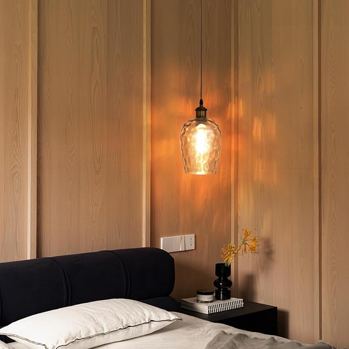 Amber Plug in Pendant Light with Plug in Cord 16.4FT Cord Hand Blown Glass Hanging Lamp with Dimmable Switch E26 Plug in Ceiling Light Fixture for Dining Room Living Room Bar (Bulb not Included)