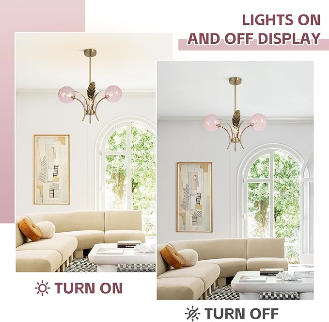 BOKT Pink Gold Sputnik Semi Flush Mount Ceiling Pendant Light Antique Globe Vintage Mid Century Modern Glass Chandelier for Dining Room Bedroom Kitchen Hallway G9 Bulb Included