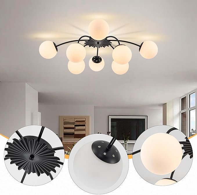 Longree 8-Light Black and White Sputnik Chandelier Flush Mount Ceiling Light with Blossom Accent, Mid Century Opal Glass Globe Bubble Chandeliers for Dining Hallway Living Entry Room
