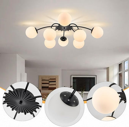 Longree 8-Light Black and White Sputnik Chandelier Flush Mount Ceiling Light with Blossom Accent, Mid Century Opal Glass Globe Bubble Chandeliers for Dining Hallway Living Entry Room