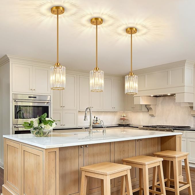 1 Pack Brushed Gold Pendant Lights Kitchen Island, Modern Crystal Chandelier Kitchen Pendant Lighting Over Island, Adjustable Hanging Mini Light Fixtures for Dining Room Hallway Corridor Bedroom