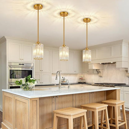 1 Pack Brushed Gold Pendant Lights Kitchen Island, Modern Crystal Chandelier Kitchen Pendant Lighting Over Island, Adjustable Hanging Mini Light Fixtures for Dining Room Hallway Corridor Bedroom