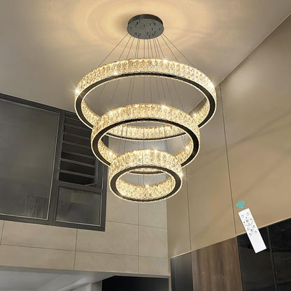 Modern Crystal Chandelier 55W Dimmable LED Chandeliers with Remote Luxury Height Adjustable Pendant Lighting for Living Room Dining Room Black