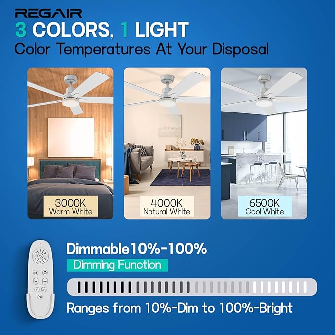 Ceiling Fan with Light 52-Inch, Remote Control Reversible DC Motors, 3CCT Dimmable Timer Noiseless, White Ceiling Fan for Bedroom Living Room, Indoor&Outdoor ETL Listed