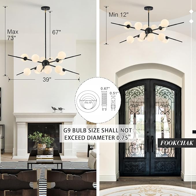 Large Black Sputnik Chandelier 39in 12-Light Frosted Glass Chandelier Light Fixture Mid-Century Modern Molecular Chandeliers for Living Room Dining Room Foyer Kitchen Bedroom