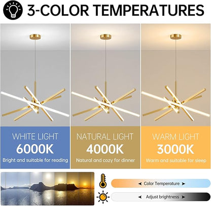 Modern Sputnik Chandelier Ceiling 82W LED Gold Pendant Light Embedded Mount Chandeliers Dining Room Light Fixtures Over Table Dimmable with Remote Control for Living Room Kitchen Bedroom 31.5 inches