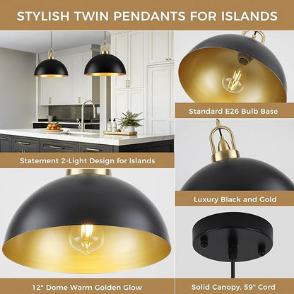 12'' Black Pendant Lights for Kitchen Island Lighting, 2-Pack Modern Farmhouse Industrial Dome Hanging Ceiling Pendant Lighting Fixture for Dining Room, Bar, Living Room
