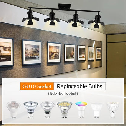 4 Light Track Lighting Fixtures Ceiling, Black Track Lighting with Rotatable Heads, Vintage Industrial Ceiling Spotlight Light for Kitchen/Living Room/Bedroom,GU10 Bulb Not Included
