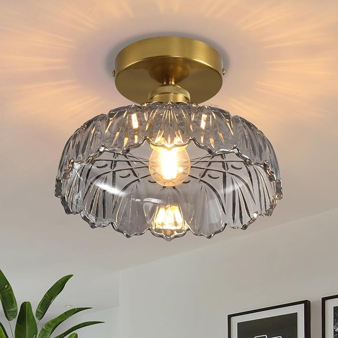 Semi Flush Mount Ceiling Light Mid Century Modern Floral Smoke Gray Glass Shade, Close to Ceiling Lighting Fixtures for Bedroom, Bathroom, Kitchen, Closet Laundry Room, Foyer and Hallway 9.45 in
