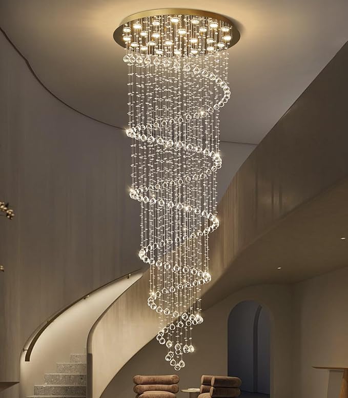 HAIXIANG W47 x H118 High Ceiling Chandelier with LED Bulbs Dimmable Long Light Glam Chandeliers Crystal Pendants Light Fixtures for Foyer Entryway Living Room Stair Gold