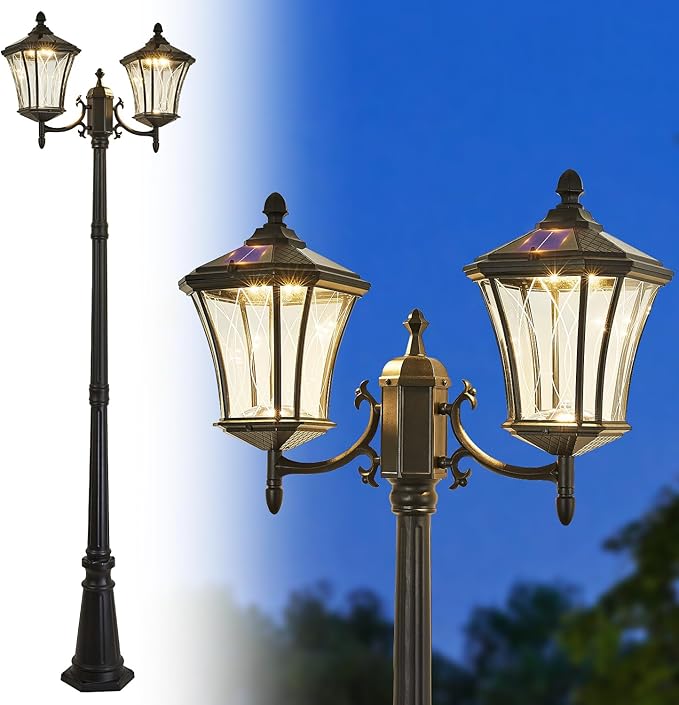2-Head Outdoor Solar Lamp Post Lights with Waterproof, Dusk to Dawn Sensor Large Lantern Street Lights, Modern Solar Column Pole Light Fixtures for Outside, Garden, Driveway, Backyard, Black