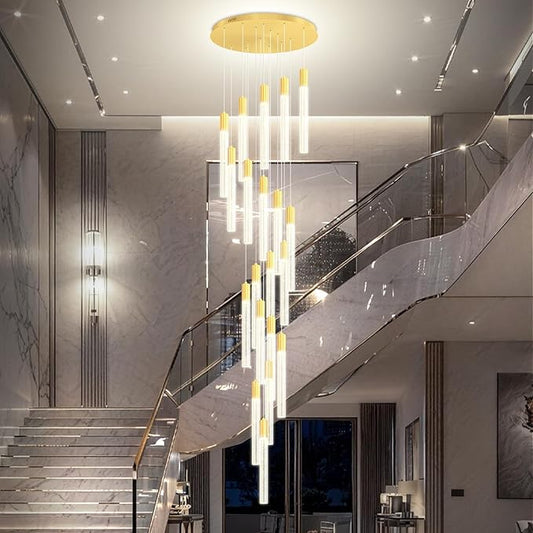 Modern Large Gold Crystal Chandelier Height Adjustable 20-Light High Ceiling Chandelier for Foyer Entryway Front Door Dimmable LED Ceiling Lighting Fixture