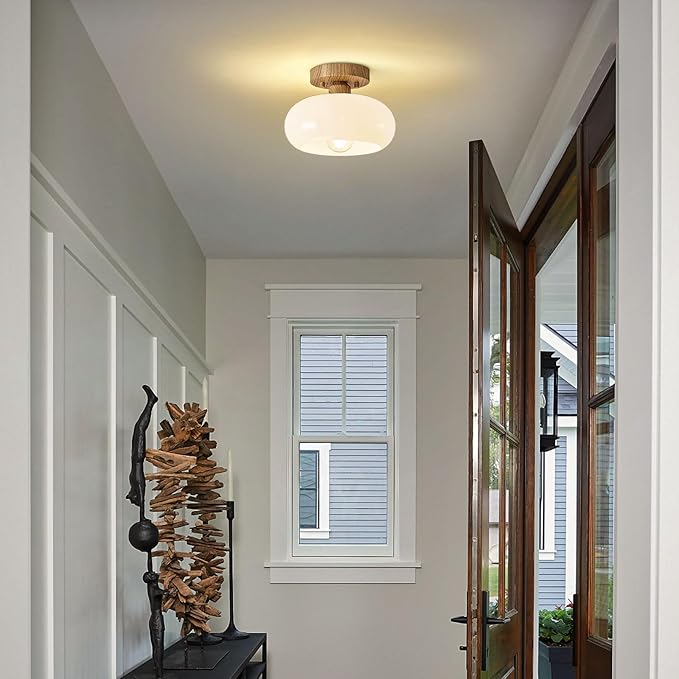 WOKNOS Mid-Century Modern Semi Flush Mount Ceiling Light, Faux Wood Kitchen Ceiling Light Fixture with Glass Shade, Vintage White Close to Ceiling Lamp for Entryway Hallway Bathroom (8.66 Inch)
