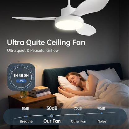 48 Inch Ceiling Fan with Lights Flush Mount Modern Energy-Efficient Outdoor Ceiling Fans with Remote,3 CCT Dimmable Quiet DC Motor & Timer for Patio/Bedroom/Farmhouse (White, 48 Inch/Smart Control)