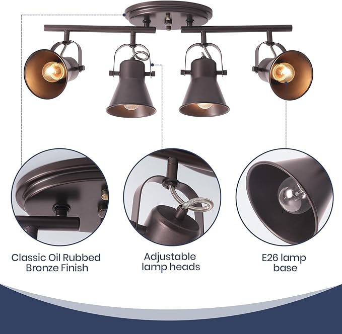 4-Light Brown Track Lighting Fixtures Ceiling, Directional Ceiling Spotlight with 4 Rotatable Heads, Modern Industrial Flush Mount Ceiling Light for Kitchen Island, Dining Room, Hallway