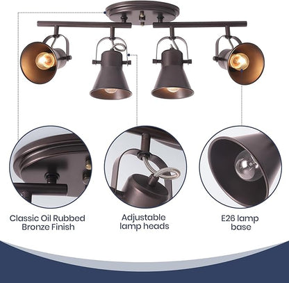 4-Light Brown Track Lighting Fixtures Ceiling, Directional Ceiling Spotlight with 4 Rotatable Heads, Modern Industrial Flush Mount Ceiling Light for Kitchen Island, Dining Room, Hallway