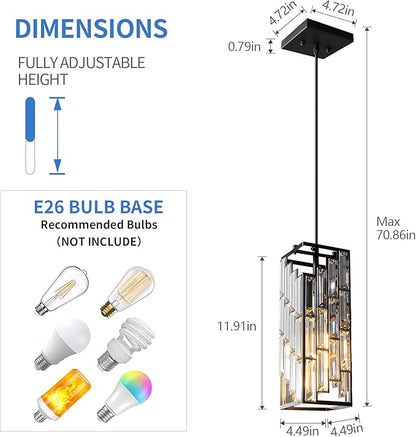 Black Pendant Lighting Modern Pendant Light, Mini Crystal Chandeliers,Adjustable Pendant Light Fixture for Kitchen Island Dinning Room Bedroom (1 Pack)