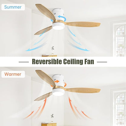 Sofucor 52 Inch Smart Ceiling Fans with Light and Remote-Modern Smart Solid Wood Ceiling Fan with Alexa/Google/APP/Remote Control for Bedroom Living Room Indoor Outdoor Patio,Qiute DC Motor,White&Wood