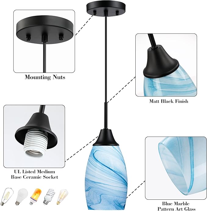 Viinew Mini Glass Pendant Light 4.72" with Handblown Blue Marble Art Glass Hanging Light 1-Pack Oval Ceiling Hanging Light Fixture for Dining Room Kitchen Island Cafe Foyer Hallway