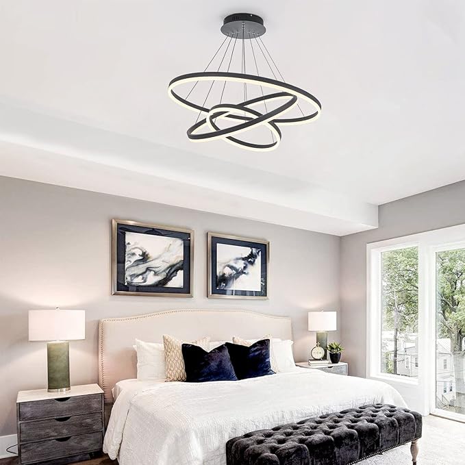 3-Rings D31.5’’ Modern LED Chandelier Black, Dimmable Pendant Lighting with Remote Control Circular Flush Mount High Ceiling Light for Living Dining Room Bedroom Foyer, 3000K-6500K