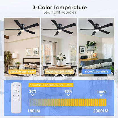Hounberi 52" Flush Mount Ceiling Fan with Lights and Remote, Modern Black Low Profile Ceiling Fan, Quiet Reversible DC Motor, 3CCT Dimmable LED, Ideal for Bedroom, Living Room and Low Ceilings, Black